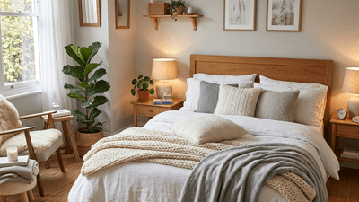 Cozy Scandinavian-style bedroom with soft textiles and warm lighting