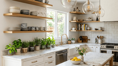 Bright modern kitchen with open shelving and indoor plants